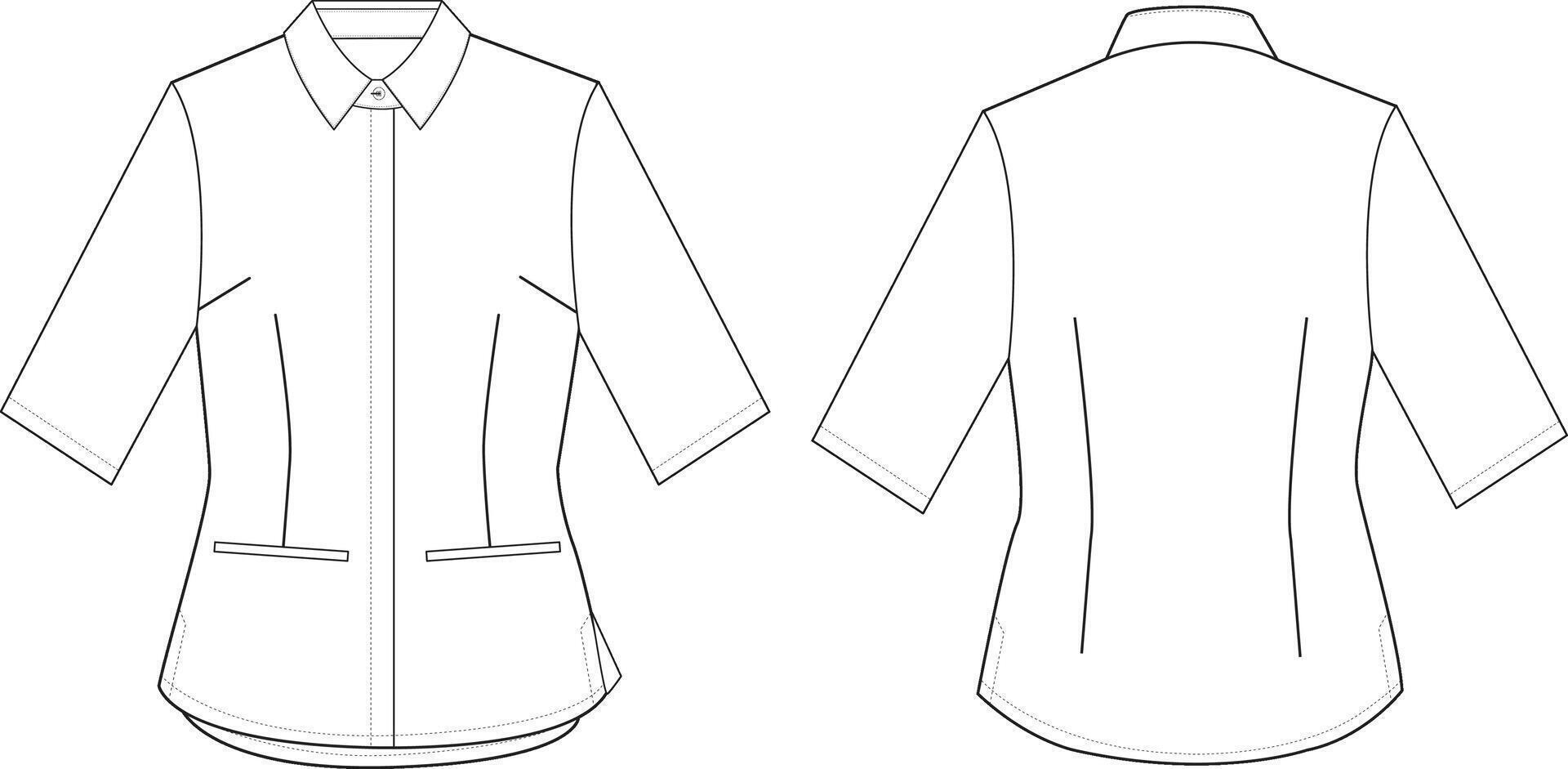 Womens Shirt Front and Back Illustration, long Sleeve Shirt with Pockets and Button Up vector