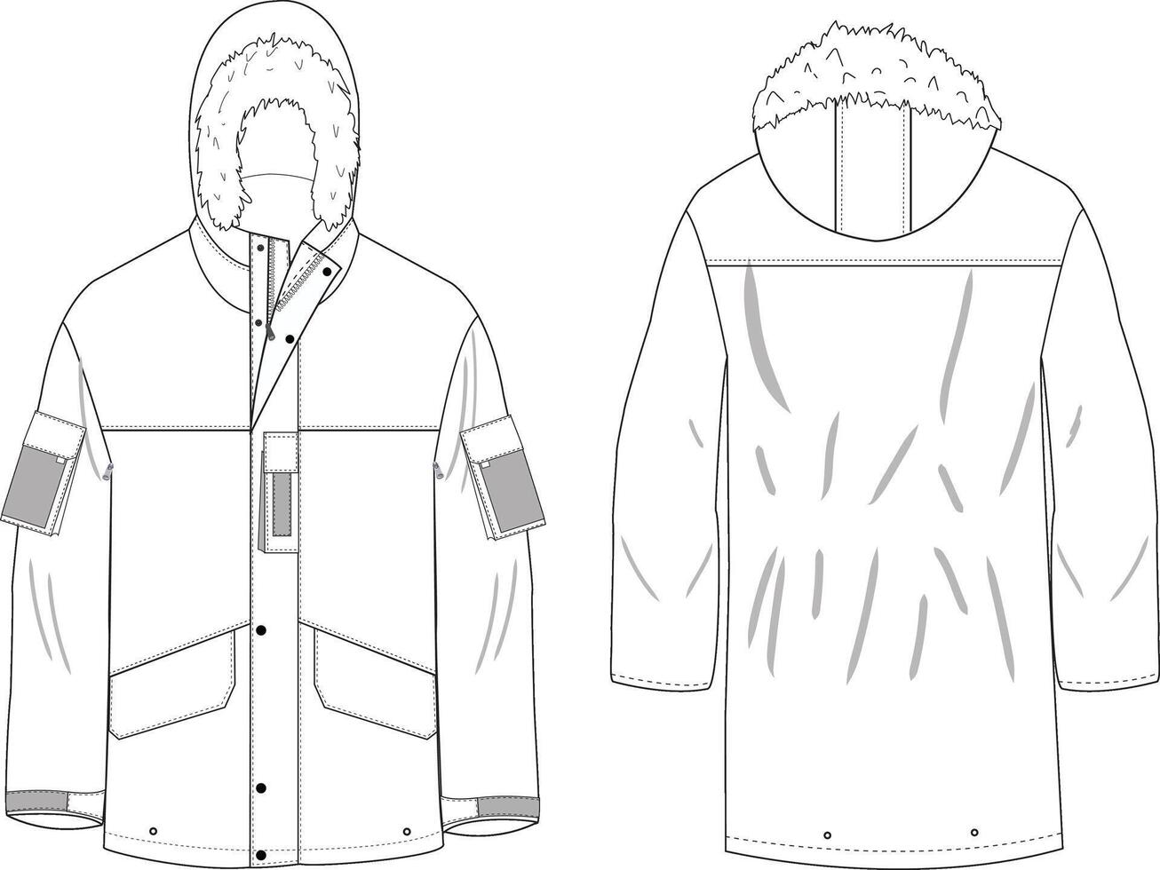 Men's Parka Jacket Front and Back Illustration, Hooded Winter Jacket with Pockets and Details vector
