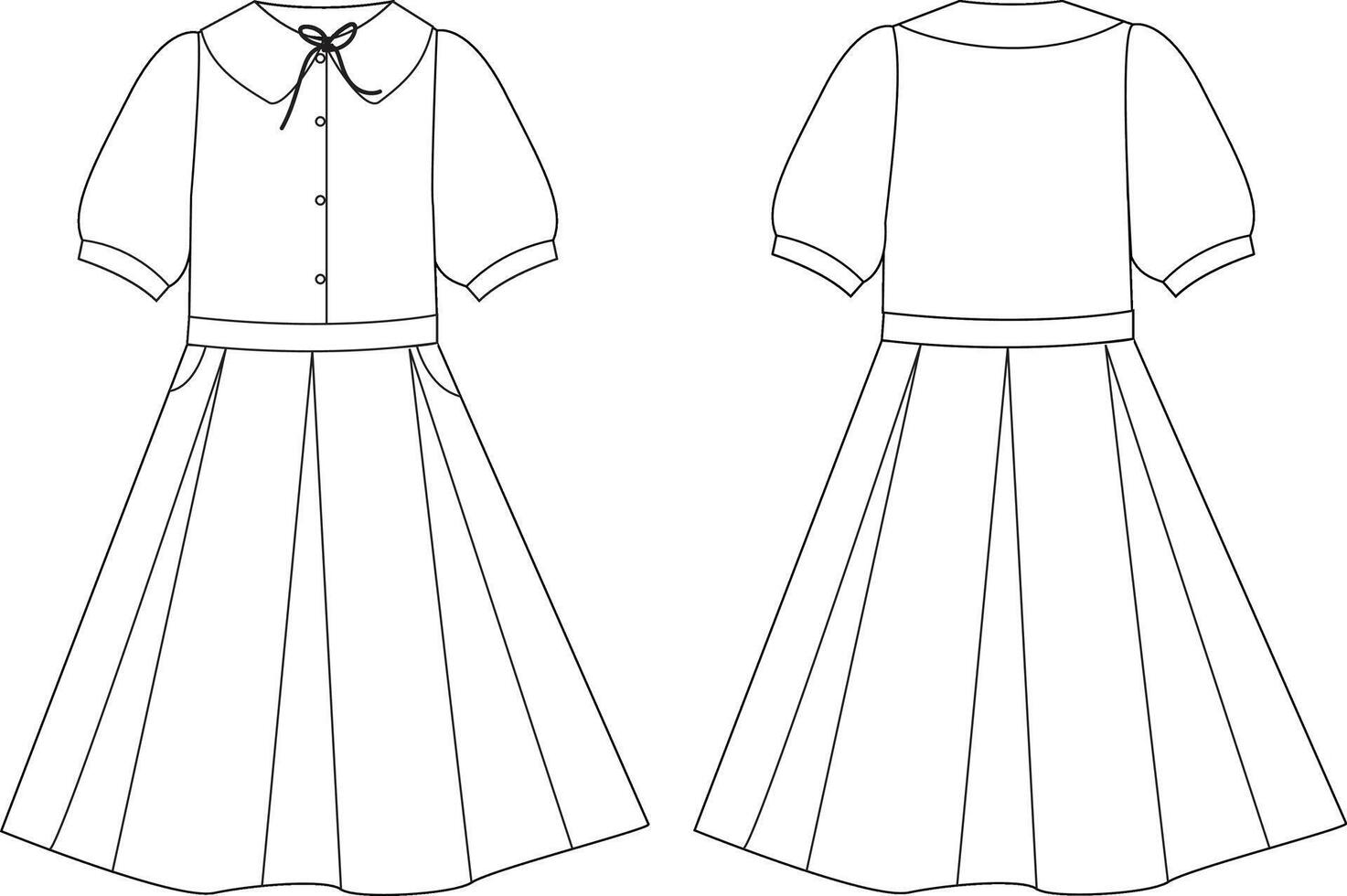 Flat Sketch of Girls Pleated Dress with Puff Sleeves Technical Drawing Front and Back View vector