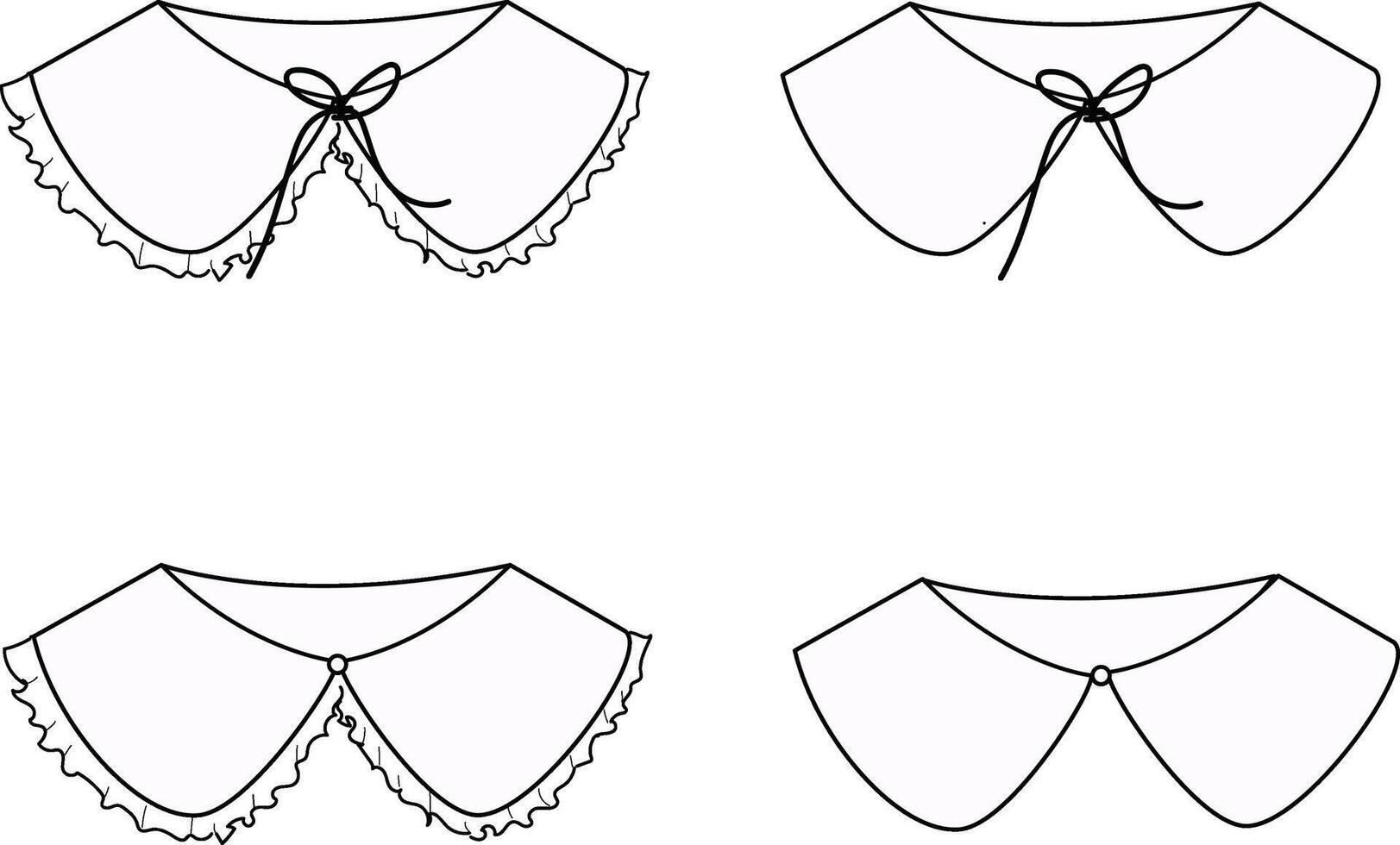 Set of Hand-Drawn Fashion Collars with Ruffles, Ties, and Buttons, Elegant Collar Sketches vector
