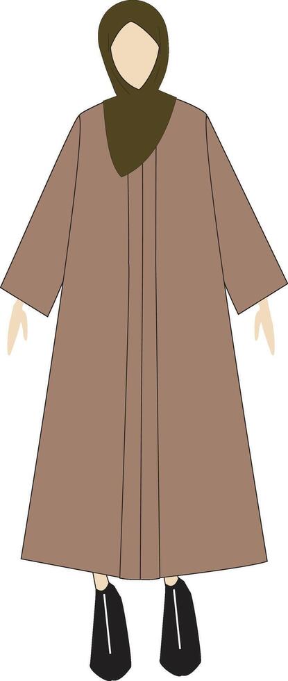 Elegant Hijab Fashion Illustration, Long Brown Abaya with Headscarf and Black Shoes vector