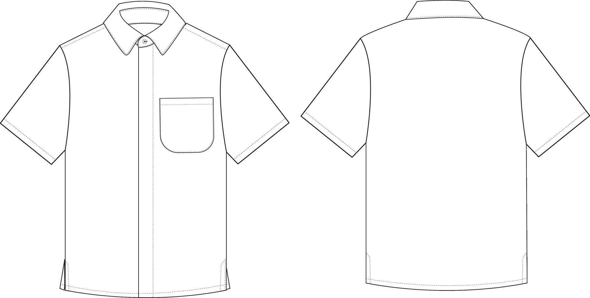 Men's Shirt Front and Back Illustration, Short Sleeve Button-Up Shirt with Pocket vector