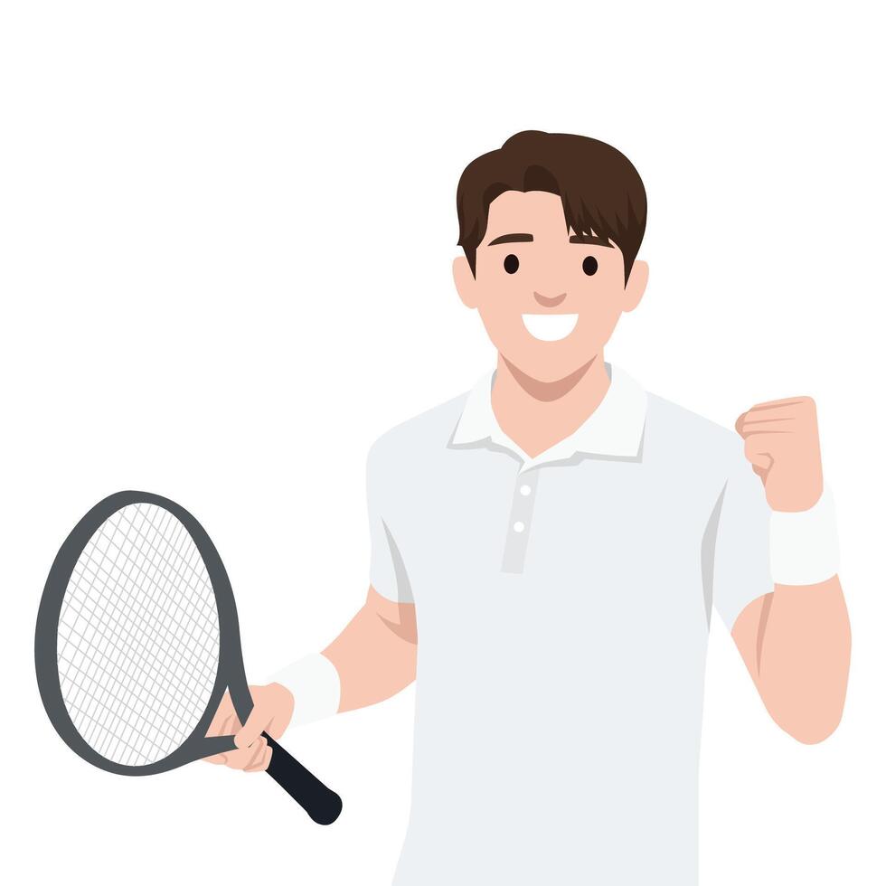 Tennis player in white attire raises his fist in triumph, holding a racket after successful moment. vector