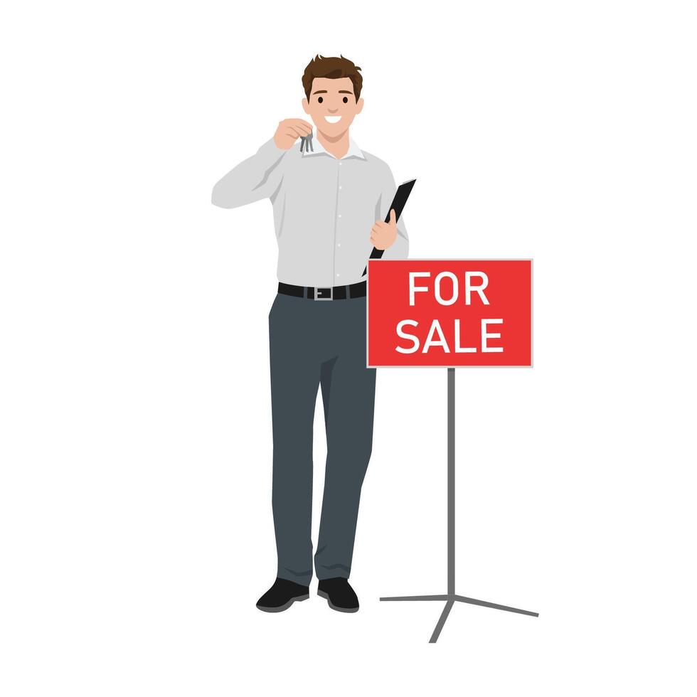 Real estate agent holding keys stands next to a For Sale sign, ready to assist potential buyers. vector