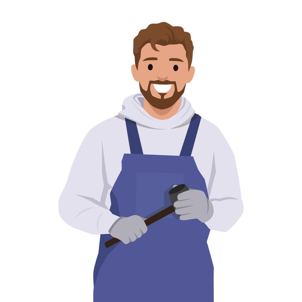 Smiling Engineer Holding a Hammer. vector