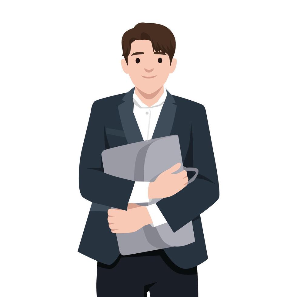 Young businessman dressed in a formal suit, confidently holding a briefcase with a slight smile. vector