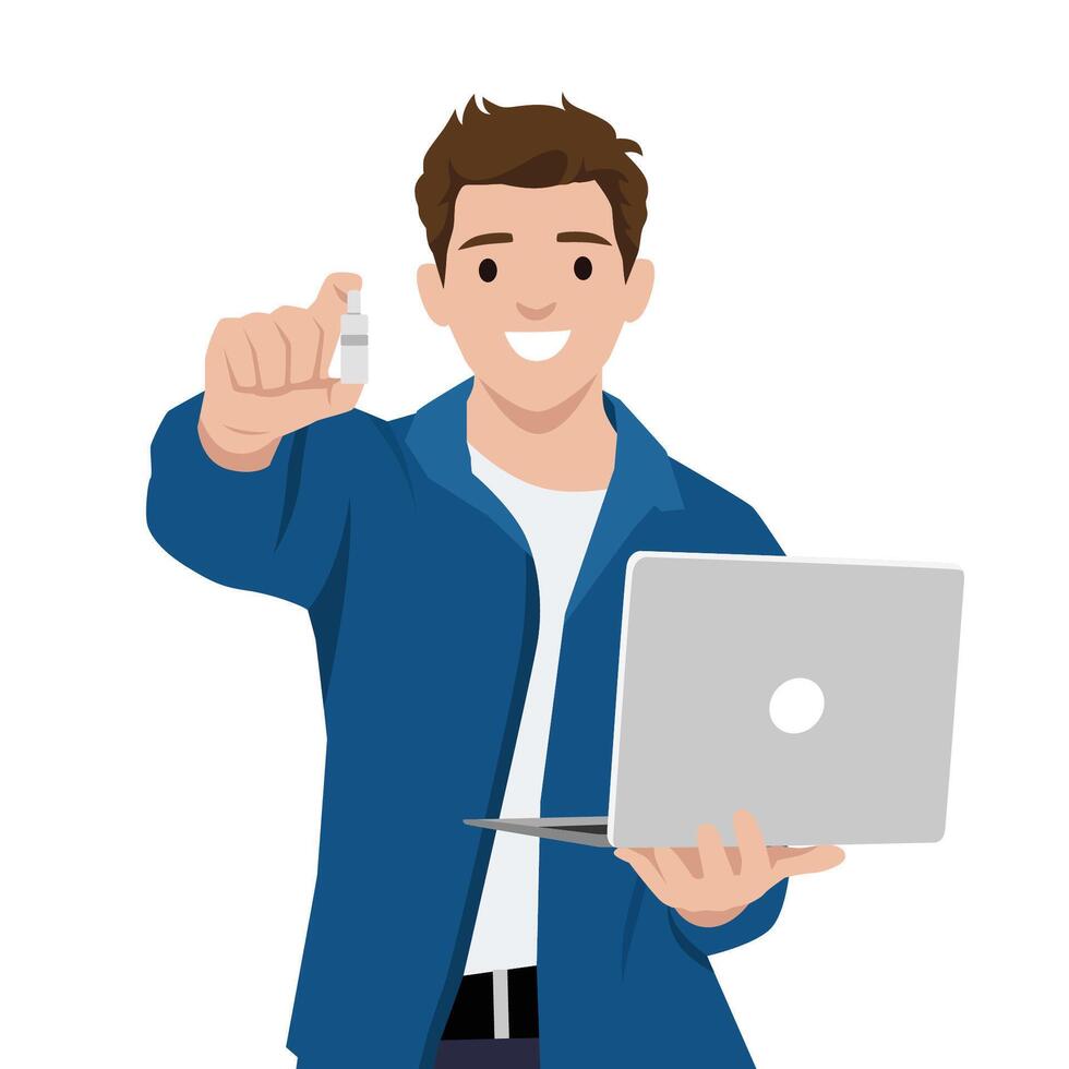 Tech Savvy Man Promoting Eye Drops. vector