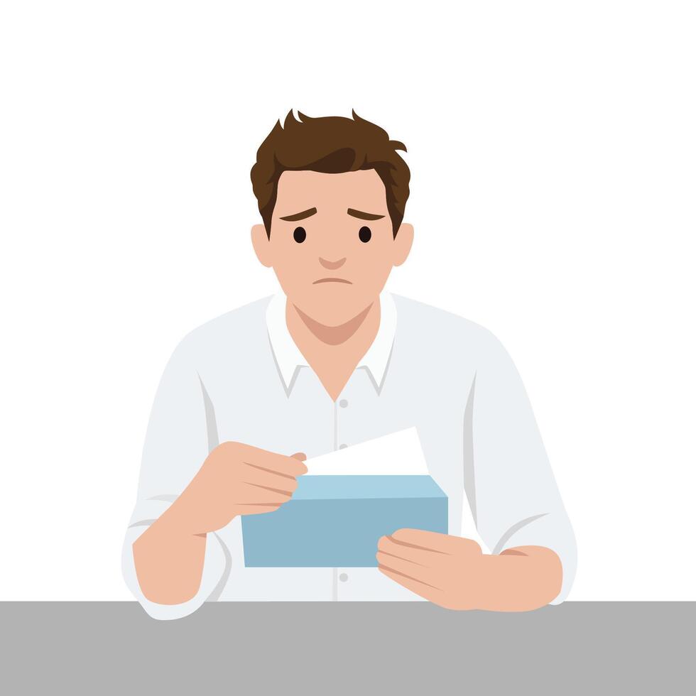 Man with a sad expression opens an envelope, possibly receiving a termination letter or bad news. vector