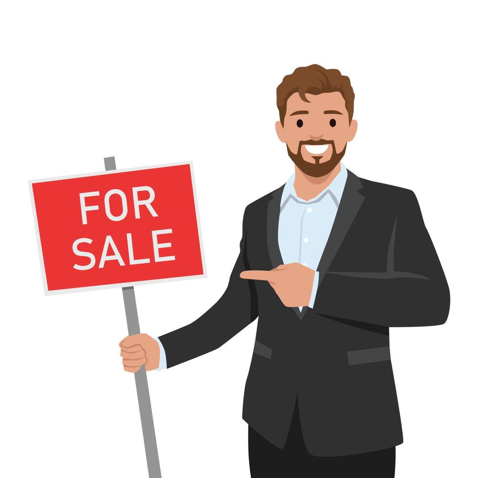 Man in a suit confidently points to For Sale sign, ready to attract potential buyers or investors. vector