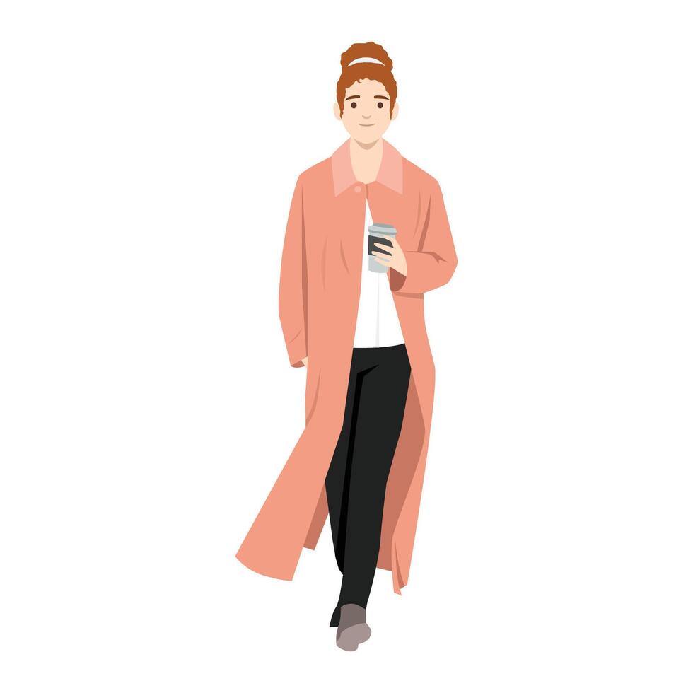 Fashionable woman confidently walks while holding a coffee cup, dressed in a long peach coat. vector
