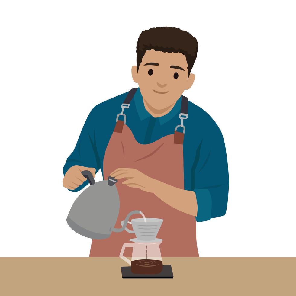 Barista pours hot water into a dripper to prepare fresh pourover coffee on a wooden counter. vector