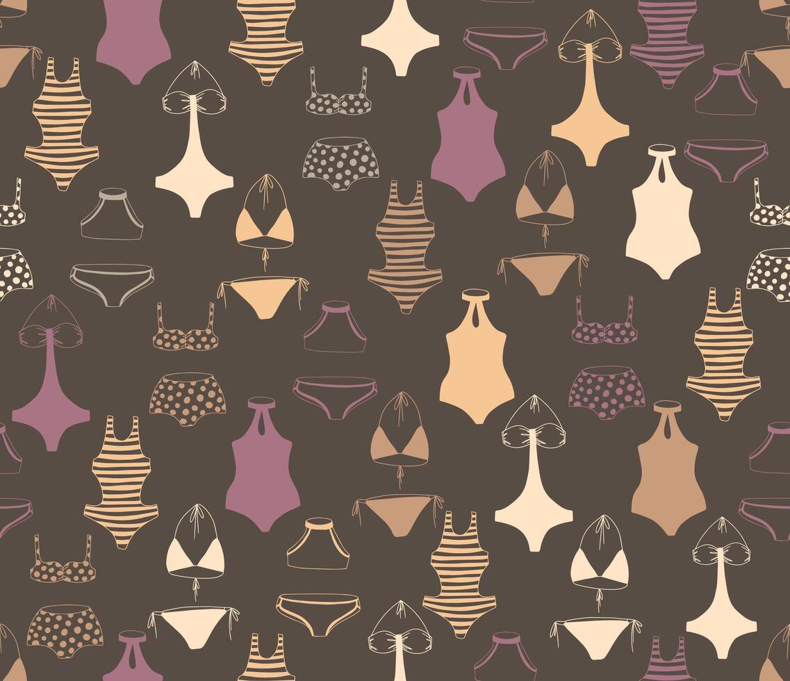 Seamless pattern for fabric with different bikini swimsuits in doodle style in brown tones. vector