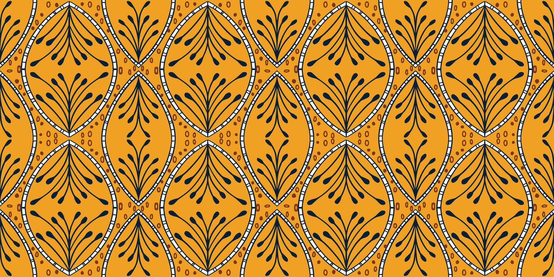 African ethnic traditional yellow orange pattern. seamless beautiful Kitenge, chitenge, dutch wax style. fashion design in colorful. botanical abstract motif. floral Ankara prints, African wax prints. vector