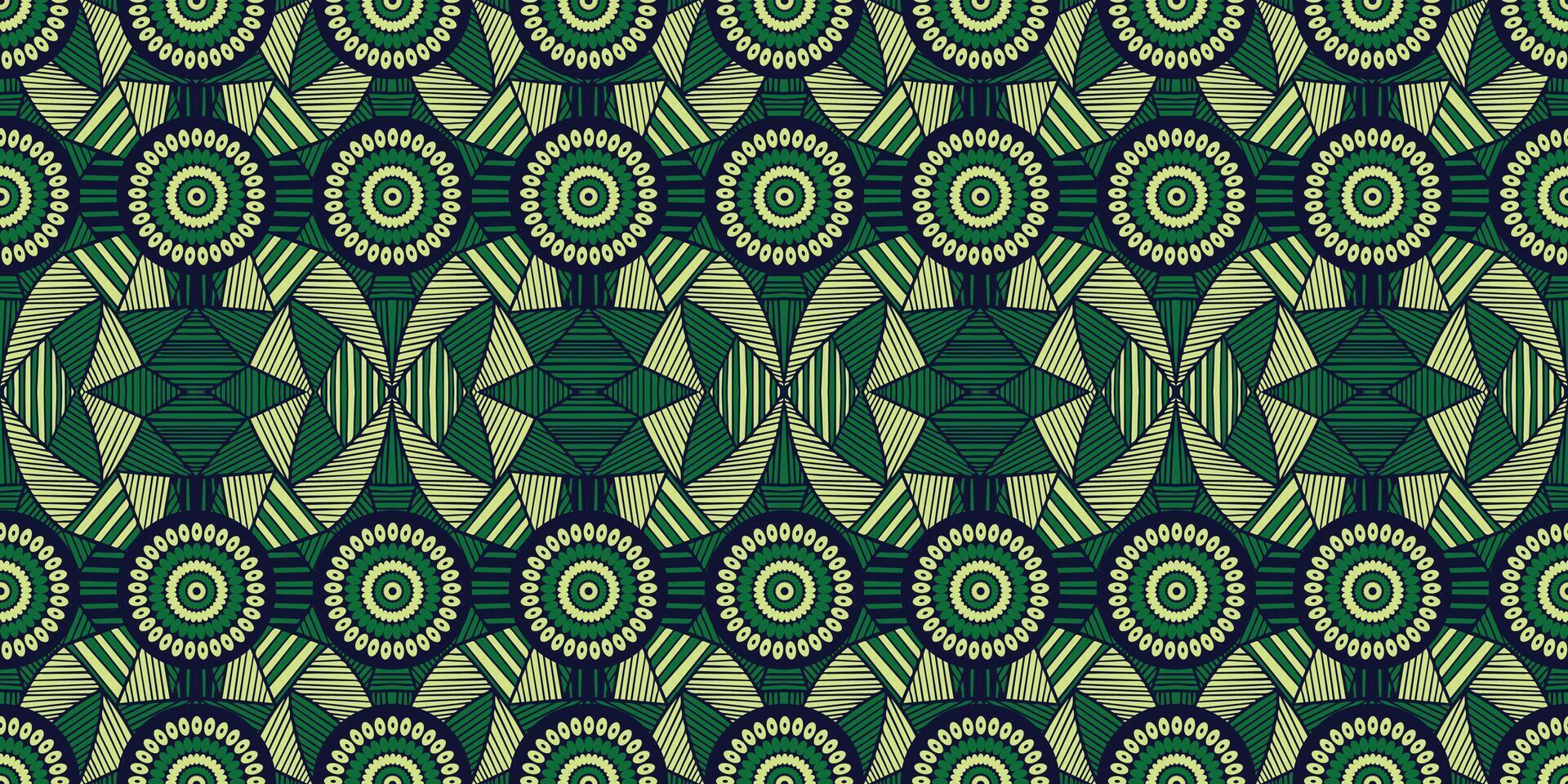 African ethnic traditional green pattern.seamless beautiful Kitenge, chitenge, Ankara style. cricle fashion design in colorful. Geometric circle motif. Curvy wave Ankara prints, African wax prints. vector