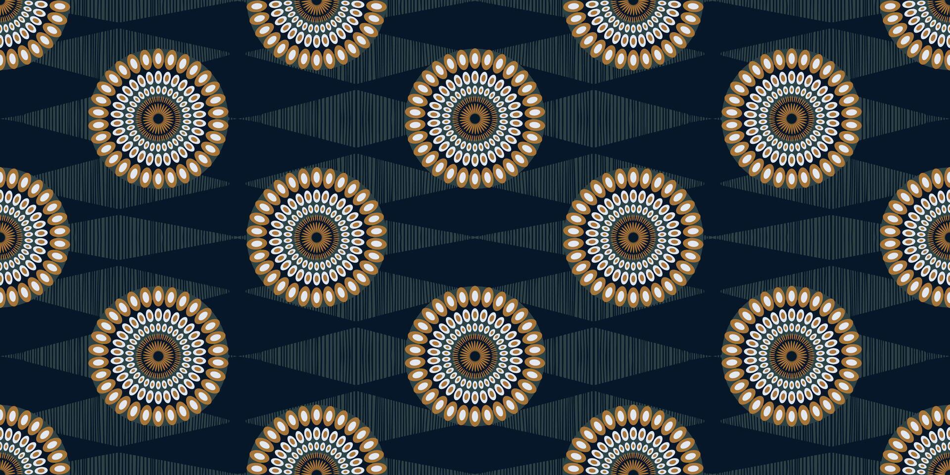 African ethnic traditional black blue pattern. seamless beautiful Kitenge, chitenge style. fashion design in colorful. Geometric circle abstract motif. Floral Ankara prints, African wax prints. vector