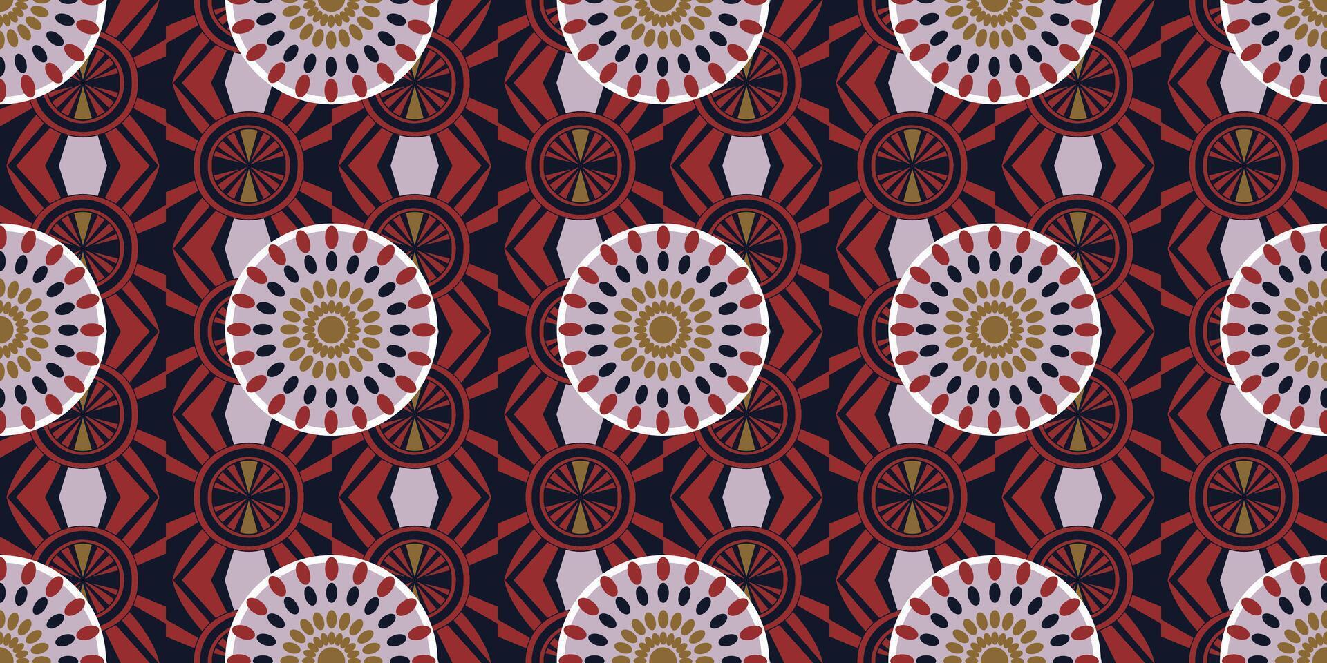 African ethnic traditional red pattern. seamless beautiful Kitenge, chitenge style. fashion design in colorful. Geometric circle abstract motif. Floral Ankara prints, African wax prints.Circle pattern vector