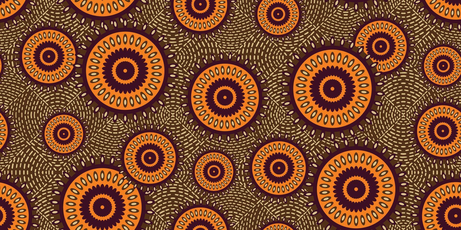 African ethnic traditional orange and brown pattern. seamless beautiful Kitenge, chitenge style. fashion design in colorful. Geometric circle abstract motif. Floral Ankara prints, African wax prints. vector