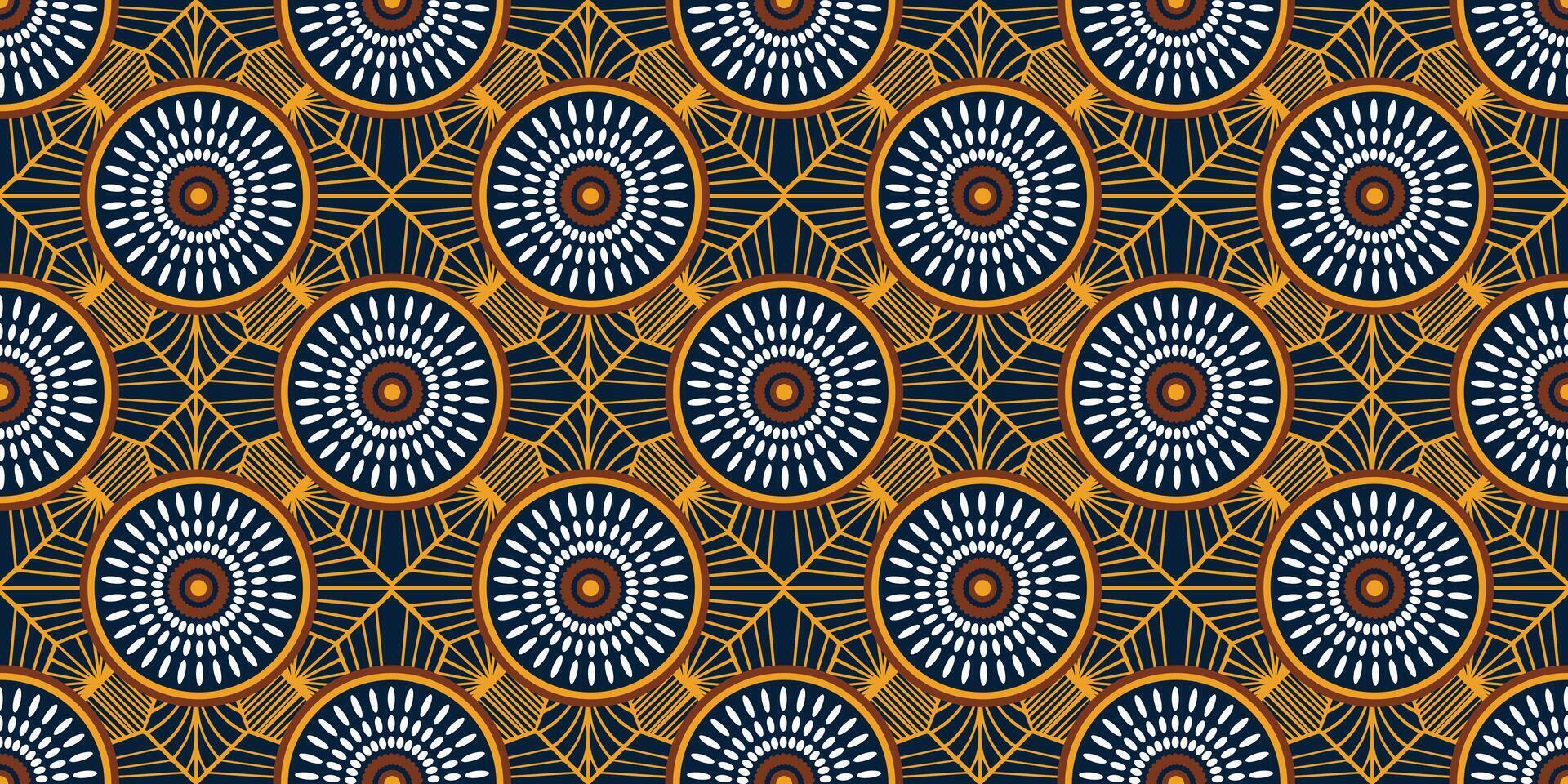 African ethnic traditional blue and yellow pattern. seamless beautiful Kitenge, chitenge style. fashion design in colorful. Geometric circle abstract motif. Floral Ankara prints, African wax prints. vector