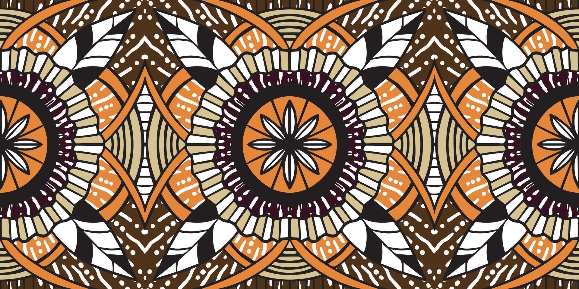 African ethnic traditional orange color pattern. seamless beautiful Kitenge, chitenge style. fashion design in brown. Geometric circle abstract motif.Botanical Floral Ankara prints,African wax prints. vector