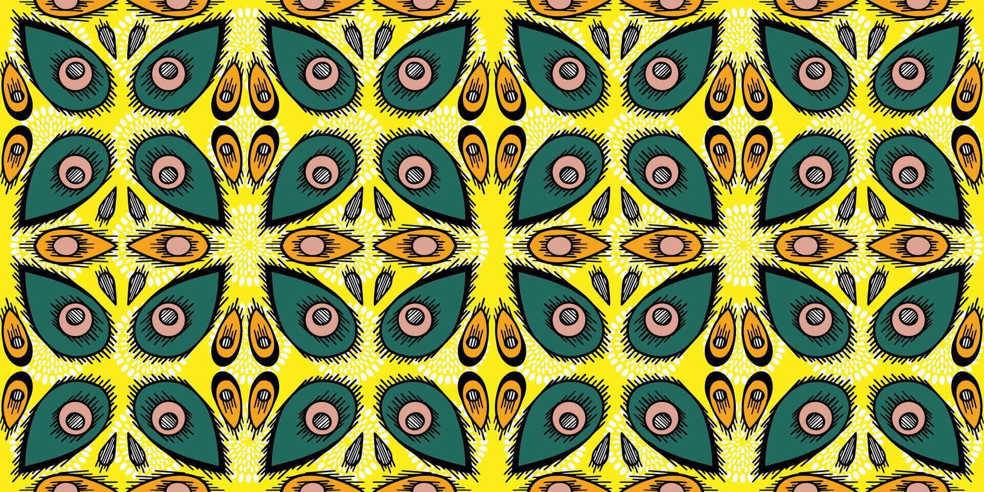 African ethnic traditional yellow, green pattern. seamless beautiful Kitenge, chitenge, dutch wax style. fashion design in colorful. botanical abstract motif. floral Ankara prints, African wax prints. vector