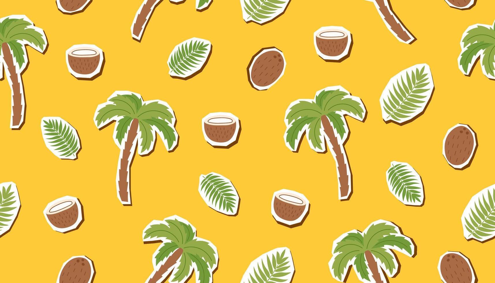 Summer seamless pattern of palm trees and coconuts on yellow background. Concept of travel, vacation, summer, tropical climate, resting. vector