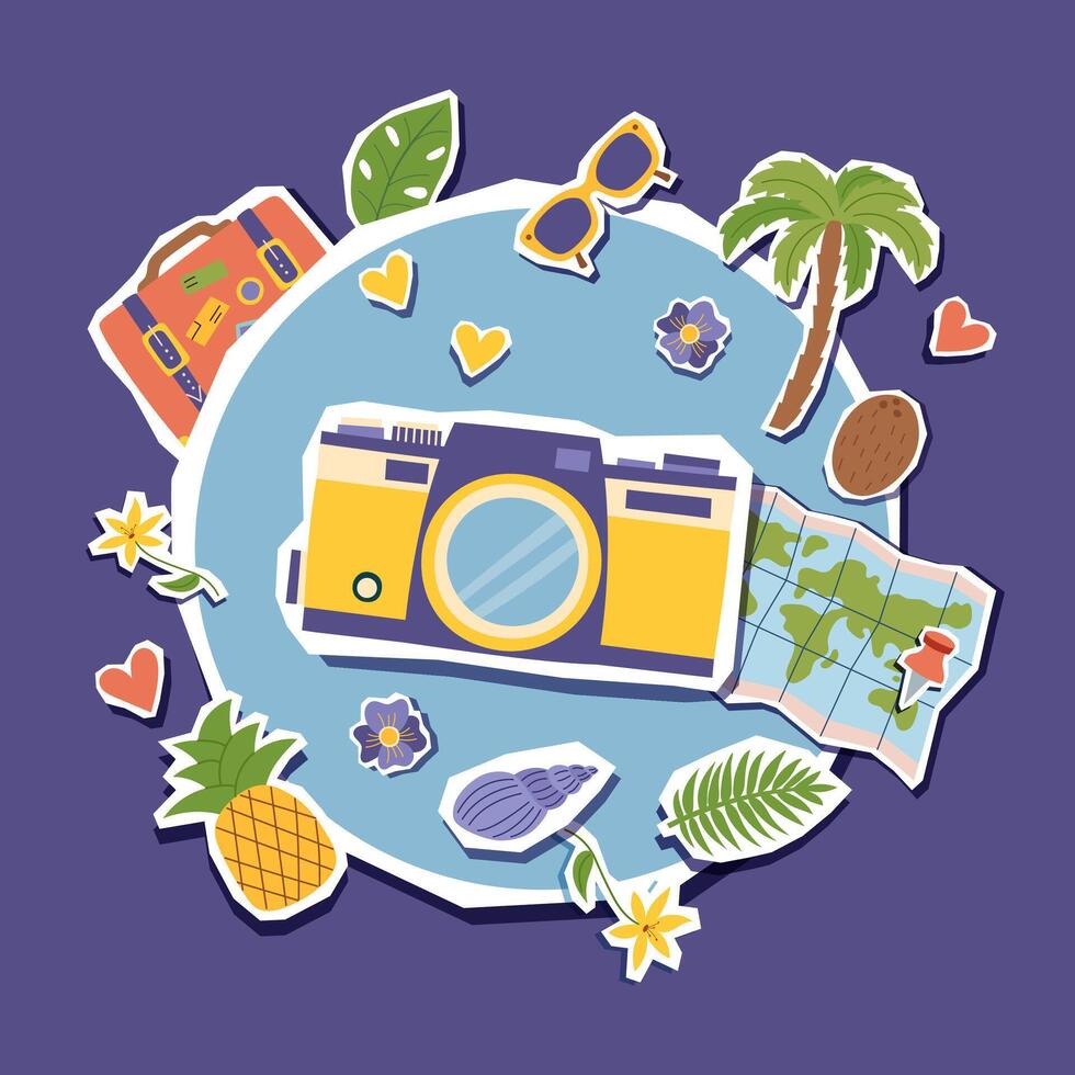 Travel stickers with camera and tropical elements vector