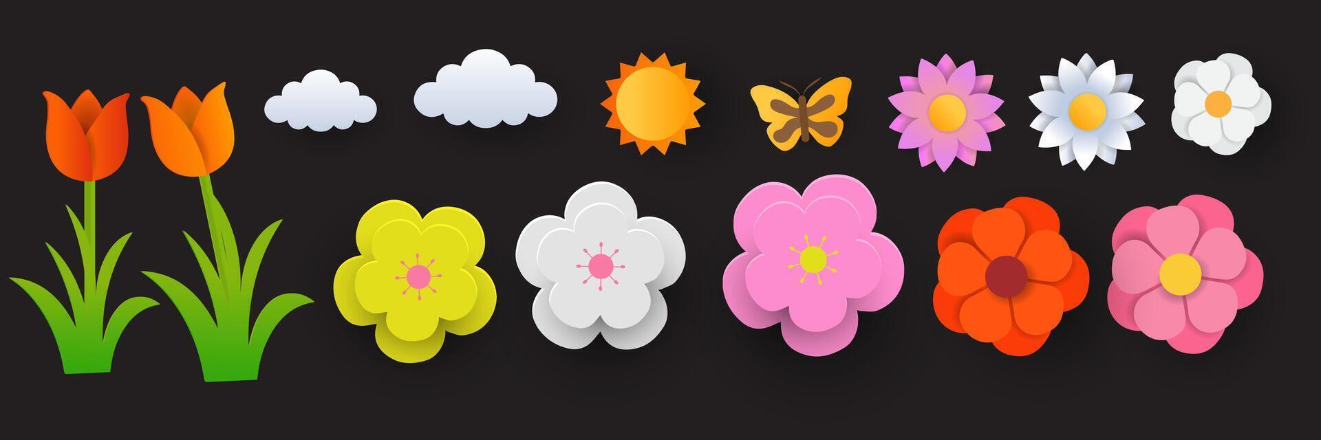 a set of paper flowers and butterflies vector
