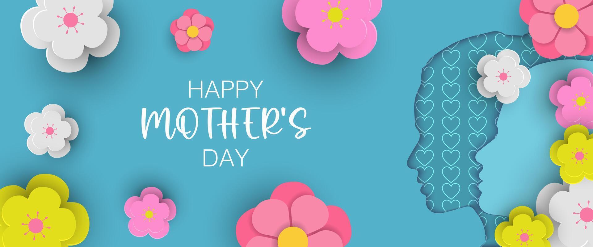 happy mothers day with flowers and paper cut design on blue background vector