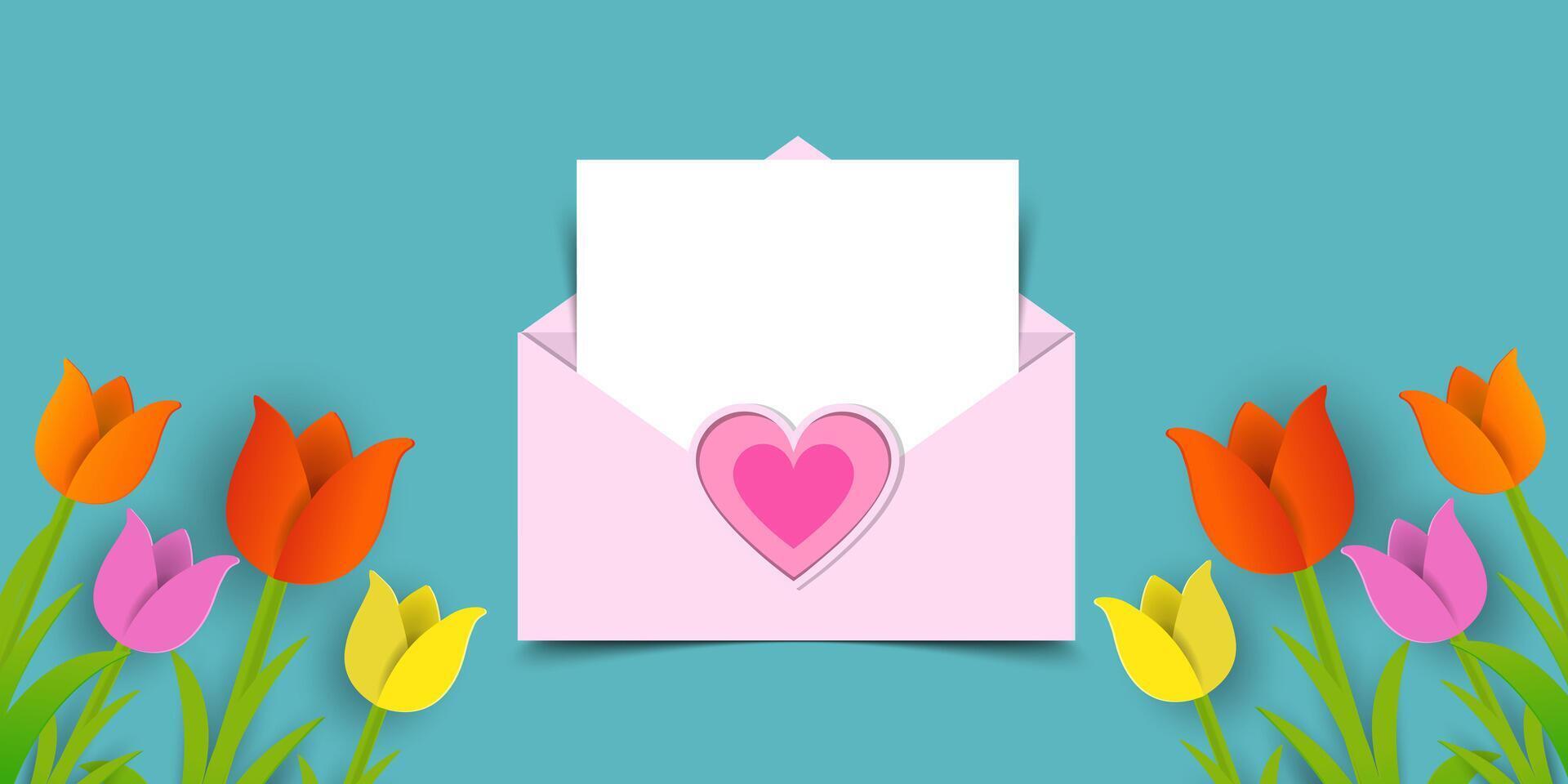 an envelope with tulips and a heart on it vector