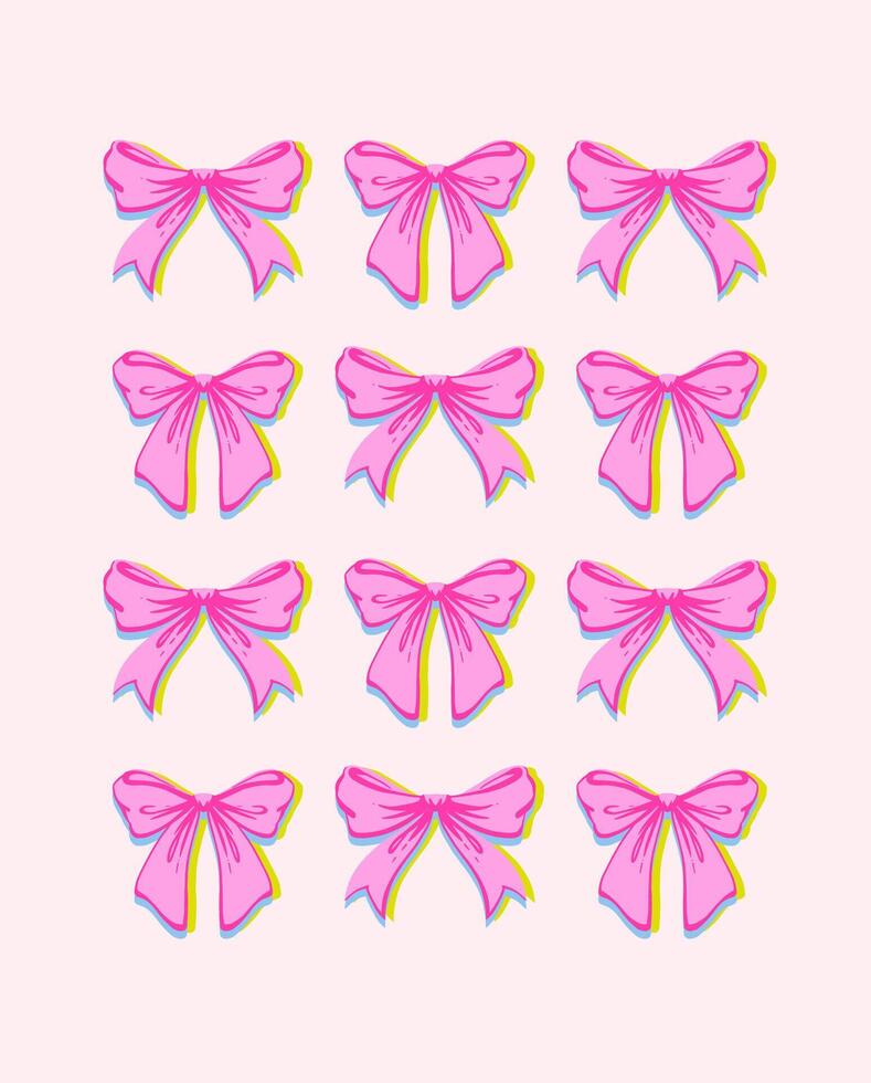 Cute Pink Bows Print. Whimsical Hand Drawn Risograph Style Illustration. Playful, feminine, coquette design in charming girly style. Retro, Vintage aesthetics for stationery, textiles, romantic visual vector