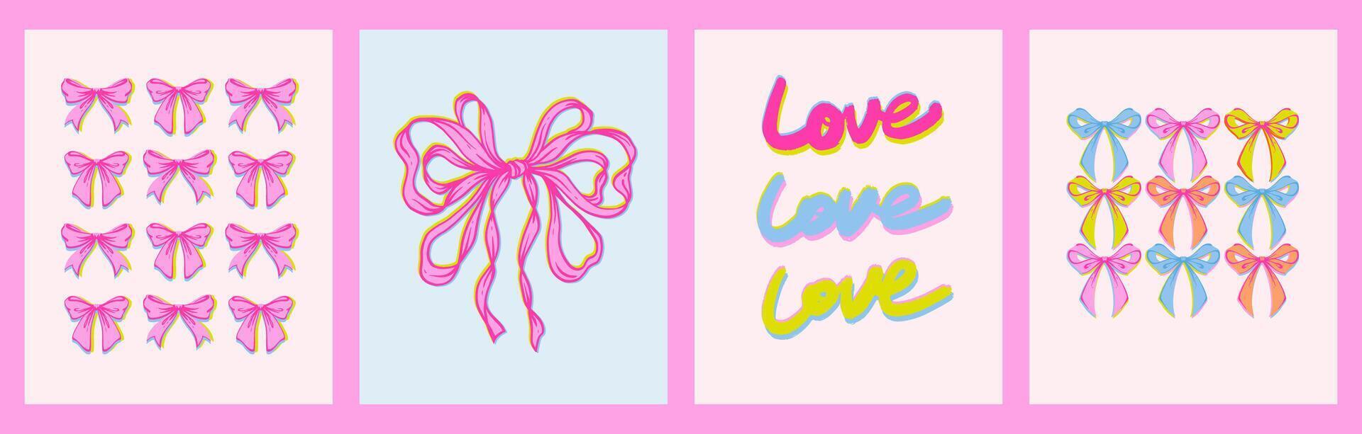 Coquette Love, Bows Print Set. Playful, feminine collection of girly Whimsical prints with pink ribbon bows and handwritten Love slogan in vibrant vintage risograph style. Retro aesthetics. vector