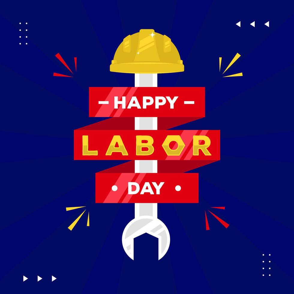 Happy Labor Day with a construction helmet above a wrench on dark blue background celebrate on September 1st vector