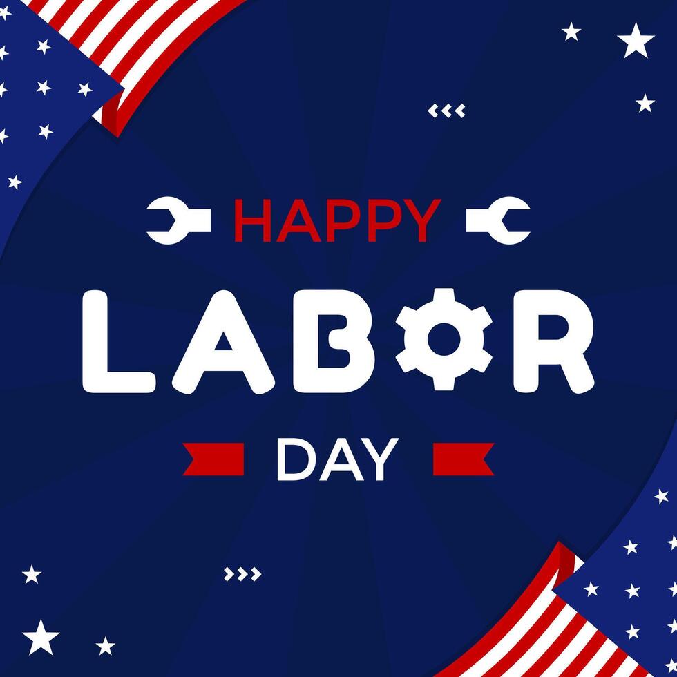 Happy Labor Day greetings. USA Labor Day template greeting on dark blue background with American flags and star shapes vector