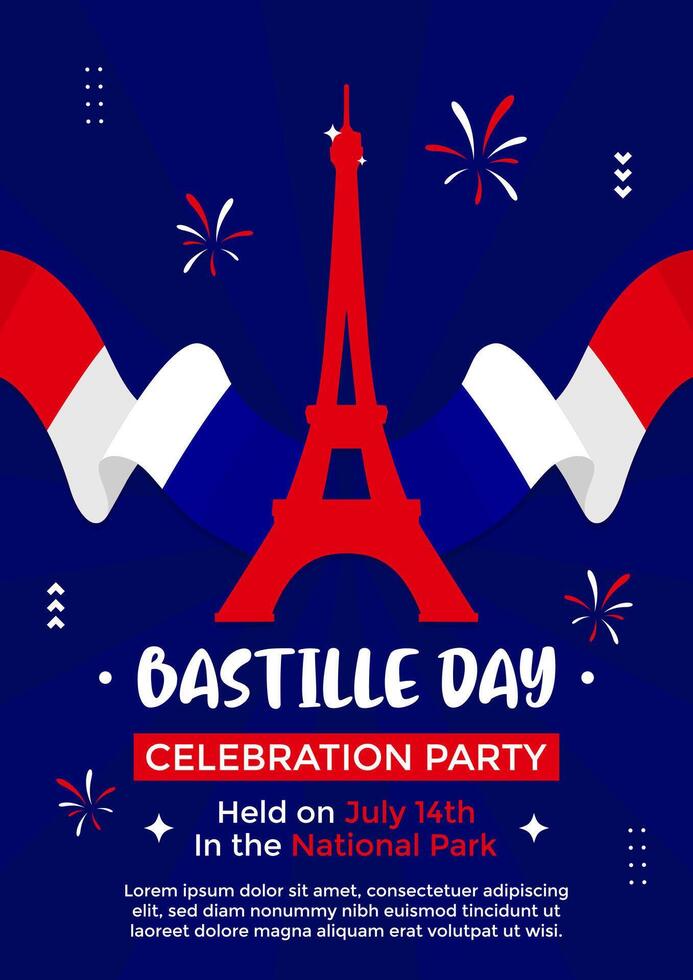 Bastille Day invitation poster template with flat illustration of Eiffel tower on red color and France flag with wavy design. Bastille Day celebration poster design vector