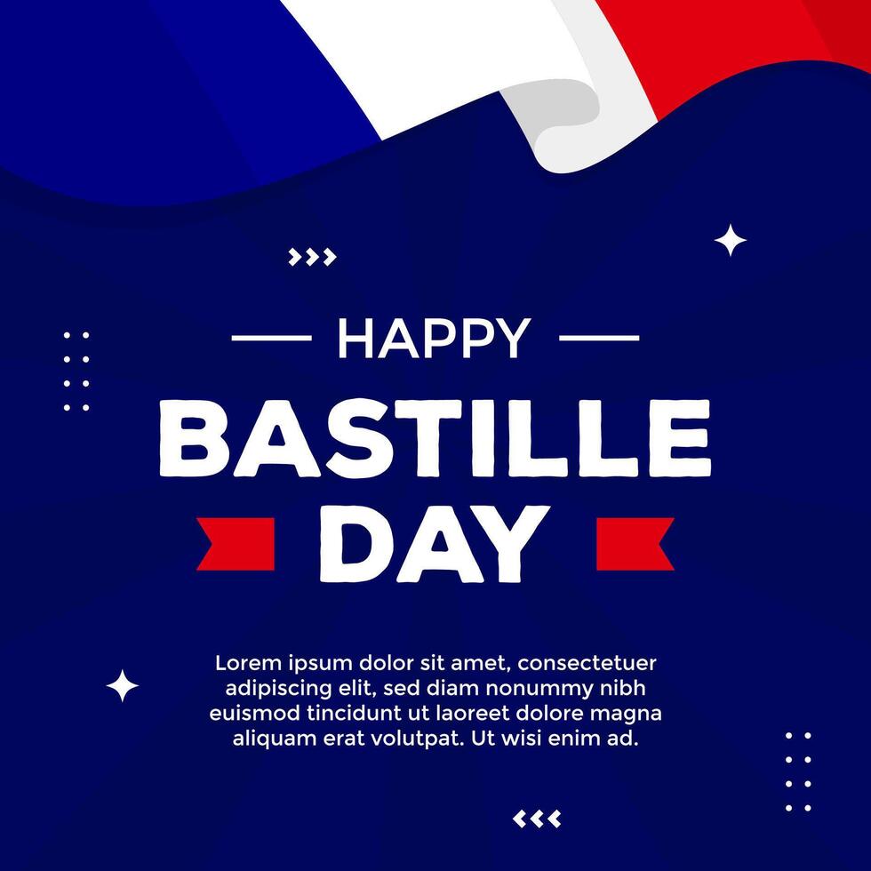 Bastille Day greeting with wavy France flag on dark background suitable for social media post, promotion, advertisement, and campaign about Bastille Day celebrate on July 14 vector