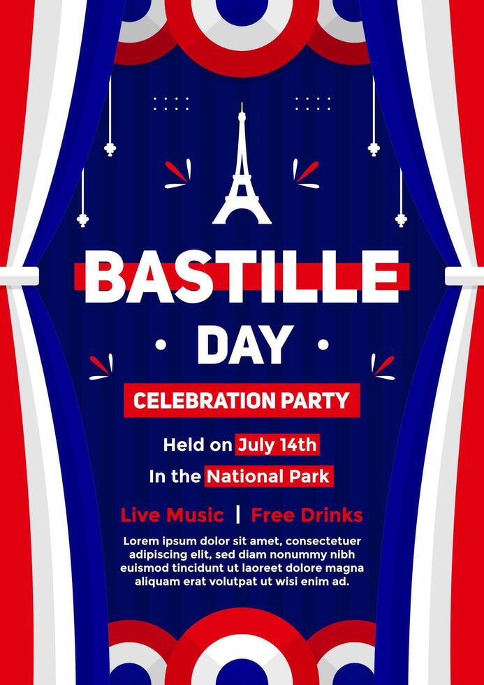 Bastille Day celebration party invitation poster template on blue background with France flag curtain on both sides. Bastille Day poster illustration vector