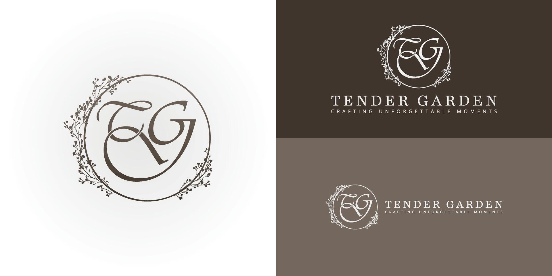 Sophisticated TG monogram for high-end wedding planning. Encapsulates personalized service and elegant event design within a beautiful, organic wreath. vector