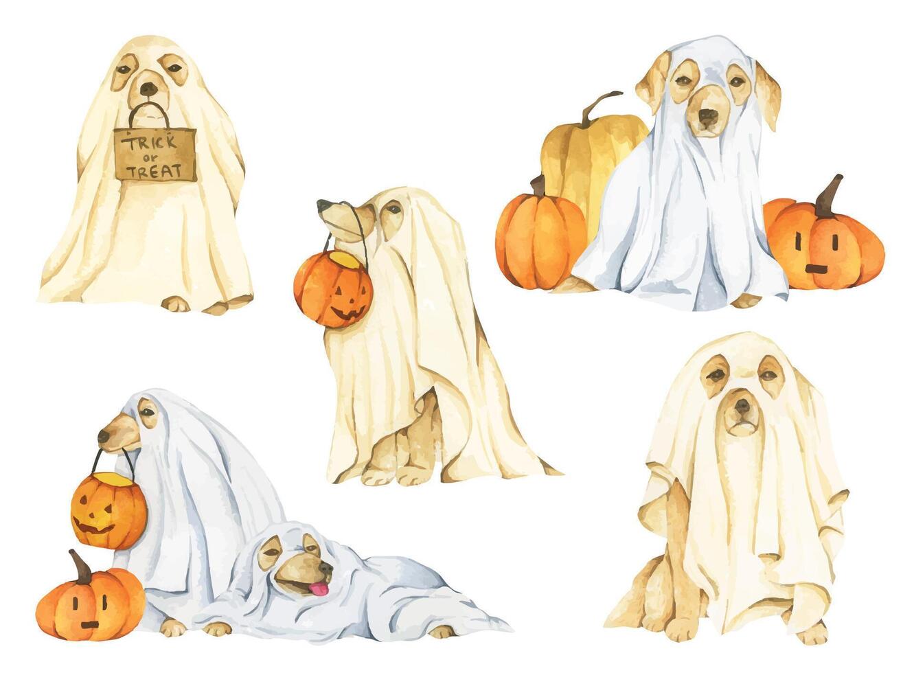 Dogs in ghost costumes with pumpkins vector