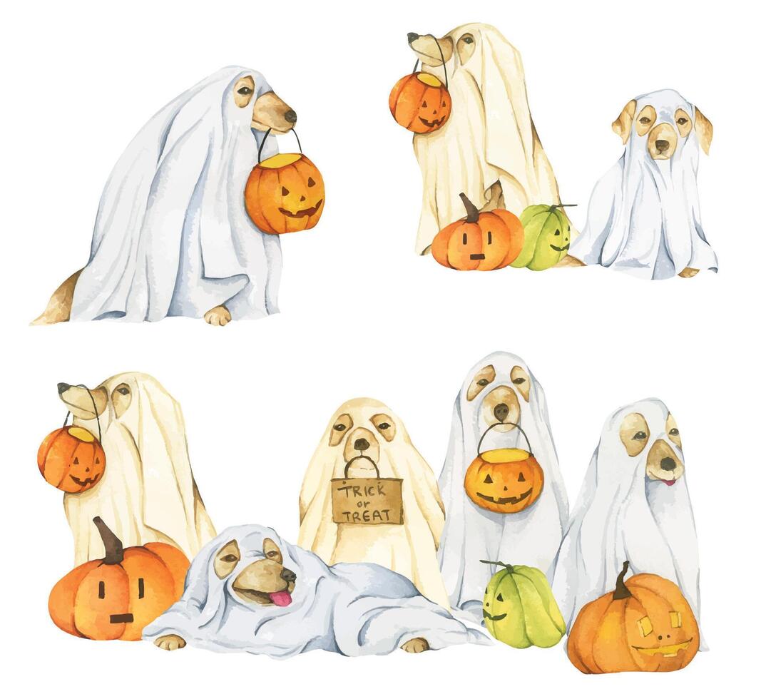 Dogs in ghost costumes with pumpkins vector