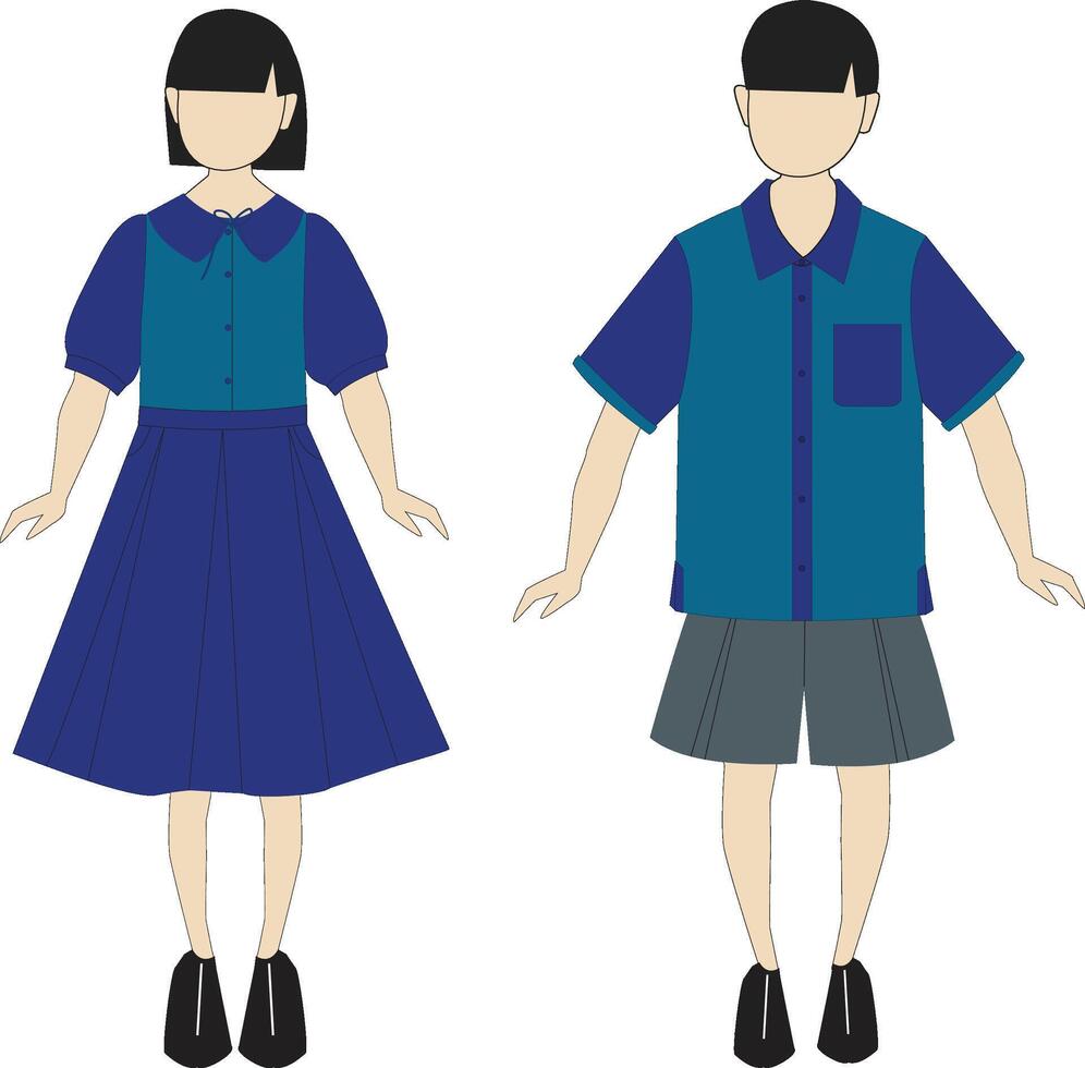 Flat Illustration of Kids School Uniform Design Short Sleeve Shirt and Pleated Skirt Outfit vector