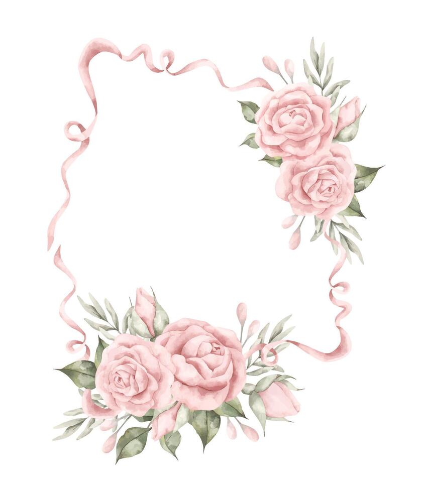 Pink dreams. Watercolor hand-drawn frame with floral composition and ribbons. Fairytale illustration for baby girl. Template card for design baby shower, birthday vector