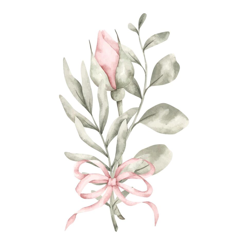 Pink dreams. Watercolor hand-drawn small bouquet with rosebud, eucalyptus and bow. Template frame for design baby shower, birthday, girls's parties and nursery. vector