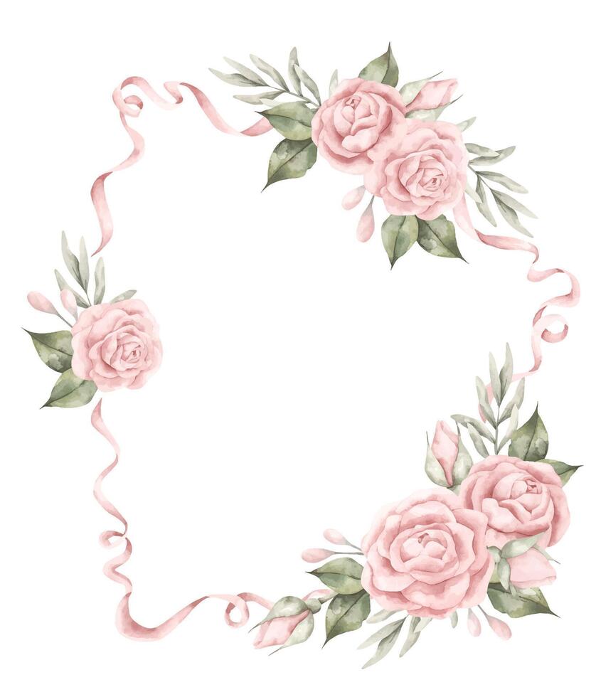 Watercolor hand-drawn frame with floral composition, bow and ribbons. Fairytale illustration for baby girl. Template card for design baby shower, birthday vector