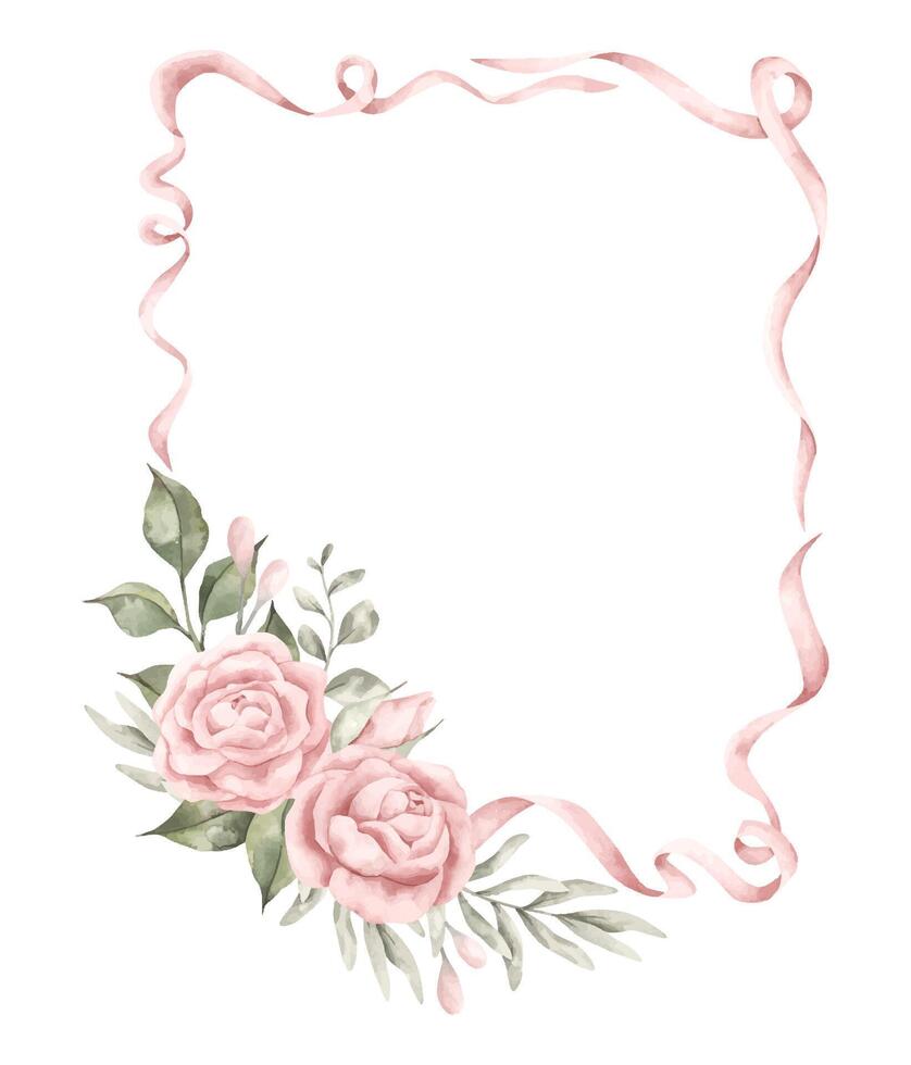 Pink dreams. Watercolor hand-drawn frame with floral composition, bow and ribbons. Fairytale illustration for baby girl. Template card for design baby shower, birthday vector