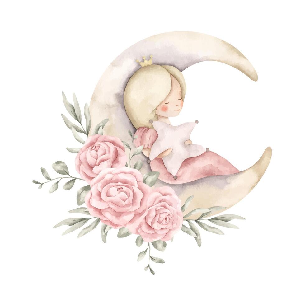 Pink dreams. Watercolor hand-drawn illustration with princess on the moon and bouquet of pink roses and eucalyptus branches. Fairytale illustration for baby girl. For design baby shower, birthday vector