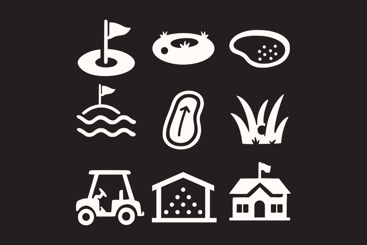 golf course element icons in flat vintage style. golfing terrain and facility symbols set. golf environment icons. flag, hole, bunker, water hazard, fairway, rough, golf cart, driving range, clubhouse vector