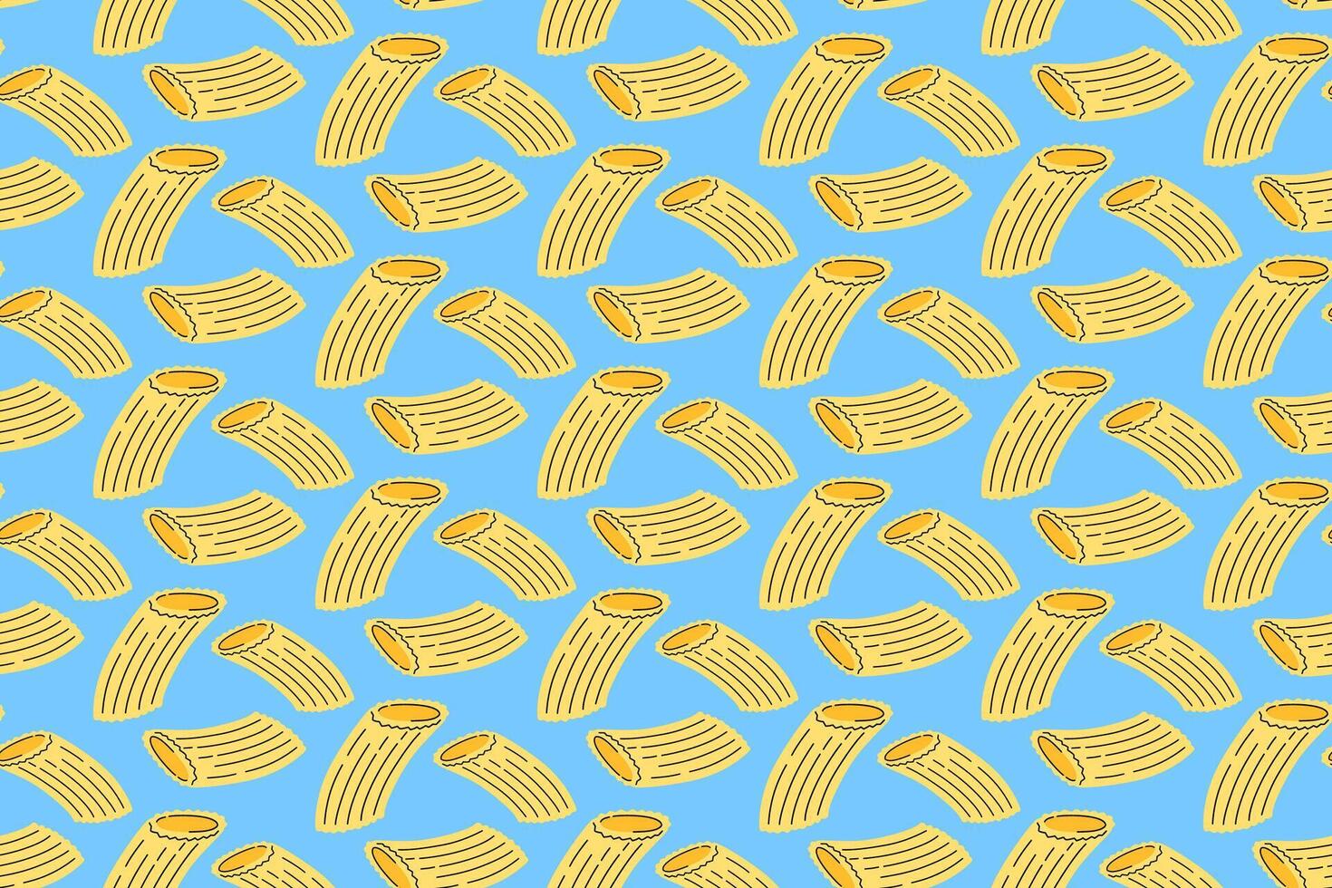 Italian penne pasta colorful doodle pattern on blue background. Penne pasta seamless pattern background. Penne isolated motif wallpaper. Food, restaurant, gourmet, cuisine. illustration vector