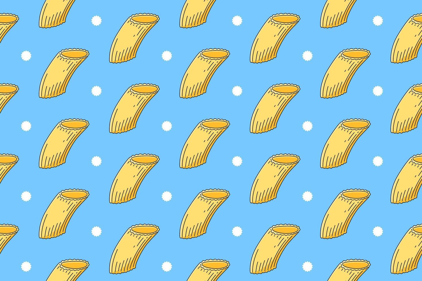 Penne pasta with dot colorful doodle pattern on blue background. Italian penne pasta seamless pattern background. Penne isolated wallpaper. Food, restaurant, gourmet, foodstuff. illustration vector