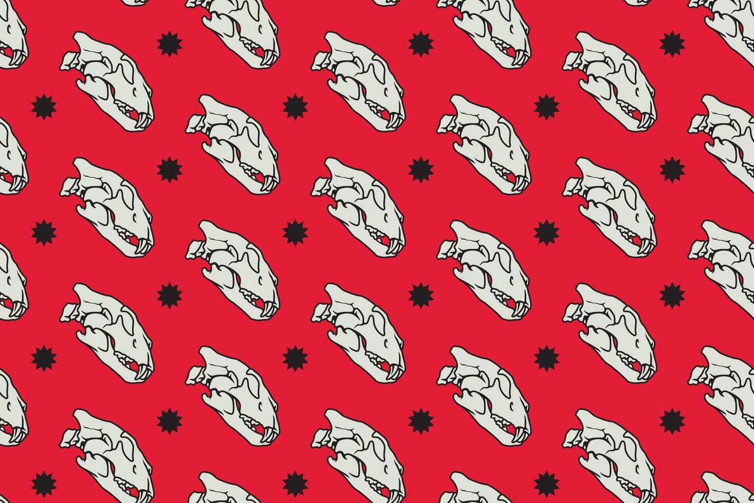 Tiger head skull side view with star pattern on red background. Predator saber skull bone with light colorful doodle isolated seamless pattern background for wildlife packaging and merchandise vector