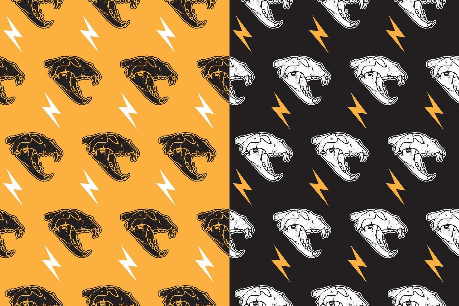 Tiger predator head skull with thunderbolt vintage seamless pattern on black yellow background. Tiger skull bone with lightning retro doodle isolated pattern background for wildlife merchandise vector